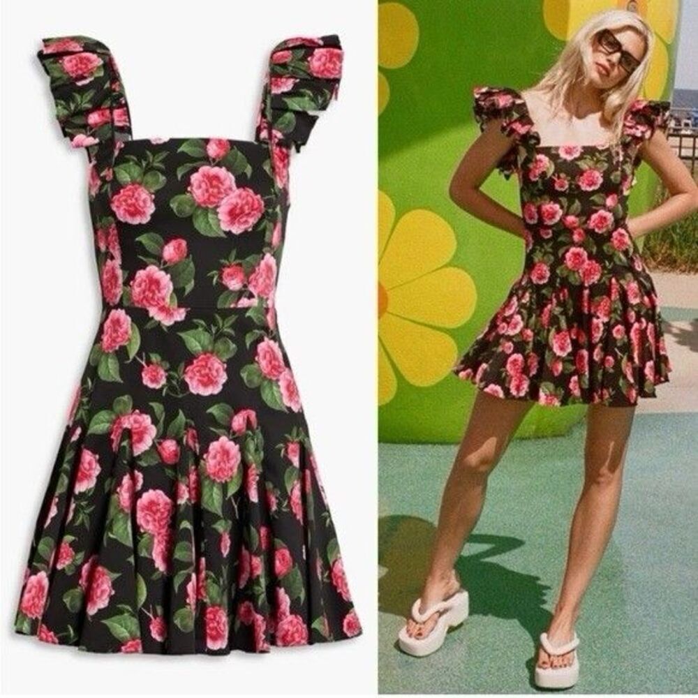 Alice + Olivia Ginny Godet Mini Dress Square Neck Ruffle Sleeves Floral Romantic